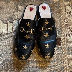 Gucci Black Mules with Gold Star and Bee Embroidery